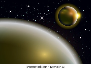 Fantastic background of outer space with planets, sky and stars. Vector illustration.