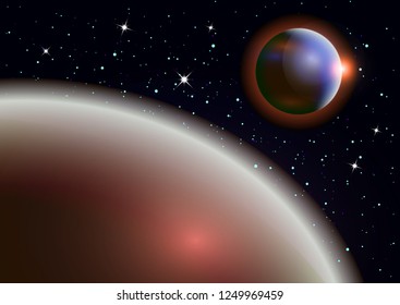 Fantastic background of outer space with planets, sky and stars. Vector illustration.