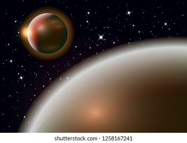 Fantastic background of outer space with planets, sky and stars. Vector illustration.