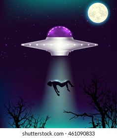 Fantastic background with UFO abducts a man. Vector illustration.