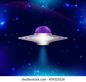 Fantastic background with UFO flying in space and shining stars