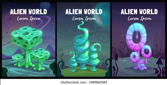 	
Fantastic backgrounds collection. Fantasy cartoon alien world landscape with shiny plants. Magic book covers set. Vector mystery planet illustration.