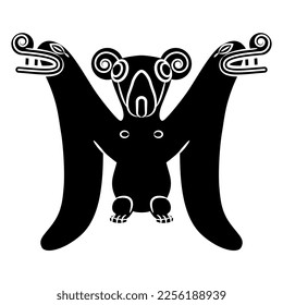 Fantastic bat with open wings. Native American pre Columbian animal design of Costa Rica Indians. Black and white silhouette.