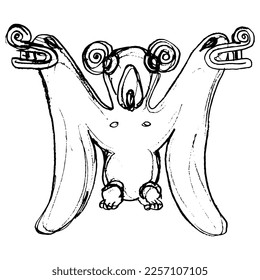 Fantastic bat with open wings. Native American pre Columbian animal design of Costa Rica Indians. Hand drawn linear doodle rough sketch. Black silhouette on white background.