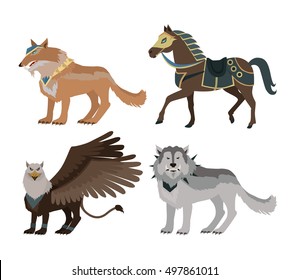 Fantastic battle riding animals vector in flat style design. Fairy predator beasts in armor model illustration for games industry concepts, icons and pictograms. Isolated on white background.