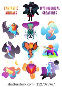 Fantastic beasts creatures. Set of mythical,mythological creatures,animals.Flat cartoon vector illustration on white. Vampire,unicorn,phoenix,dragon,werewolf,fairy,kraken,chimera,mermaid.Halloween