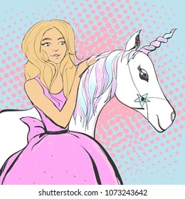 Fantastic beautiful unicorn with rainbow colors horn and mane and princess looking cute girl in a pink dress. Vector magical pop art illustration.