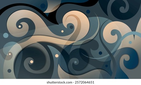 Fantastic beige dark blue art wallpaper with curls. A beautiful illustration for interior decoration, corporate designs, blogs, postcards, posters and your other projects. Vector.