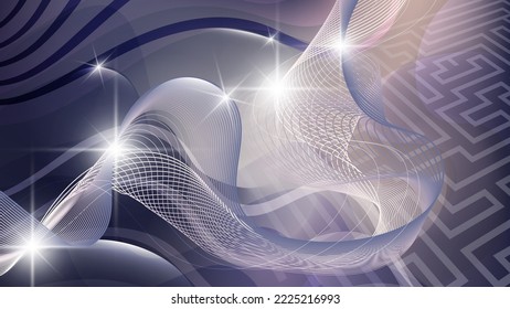 Papel pintado gris beige fantástico. Rayos de luz, líneas onduladas entrelazadas, resplandor y resplandor sobre el fondo de franjas lisas y rotas superpuestas, formas abstractas, mezcla de colores. Vector.