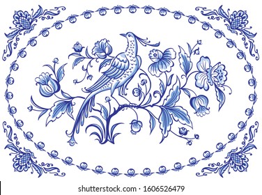 Fantastic bird on a bush of fabulous flowers, in a patterned frame, illustration for cobalt painting dishes, cards and other designs.