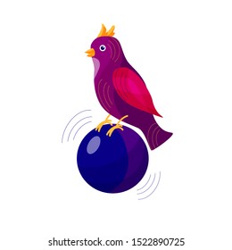 Fantastic bird sitting on ball - vector illustration in flat style with outlines, cute and funny image for greeting cards and stickers