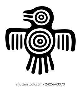 Fantastic bird symbol of ancient Mexico. Decorative Aztec flat stamp motif, showing a bird, as it was found in Tenochtitlan, the historic center of Mexico City. Isolated black and white illustration.