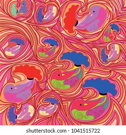 Fantastic birds in a circular pattern. Color lines