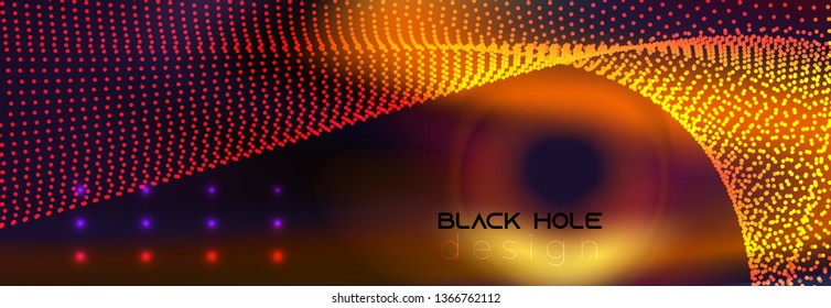 Fantastic black hole  capured 2019 twisted dotted neon glowing waves. Big bang  concept. Abstract background vector template