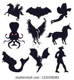 Fantastic black silhouette beasts creatures. Set of mythical,mythological creatures,animals.Flat cartoon vector illustration on white. Vampire,unicorn,phoenix,dragon,werewolf,kraken,chimera,mermaid