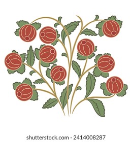 Fantastic blooming branch with red flowers, fruits or berries and green leaves. Folk style. On white background. Isolated vector illustration.