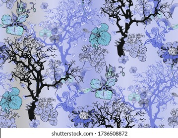 Fantastic blue flowers and butterflies. Seamless pattern. Vector illustration. Suitable for fabric, mural, wrapping paper and the like