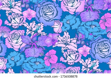 Fantastic blue flowers and butterflies. Seamless pattern. Vector illustration. Suitable for fabric, mural, wrapping paper and the like