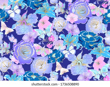 Fantastic blue flowers and butterflies. Seamless pattern. Vector illustration. Suitable for fabric, mural, wrapping paper and the like