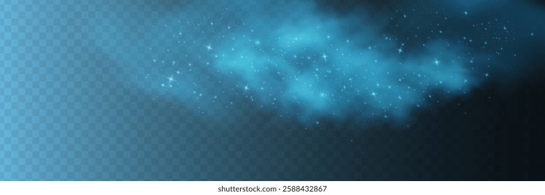 Fantastic blue smoke background. Blue fog with stars and small glowing particles. Vector