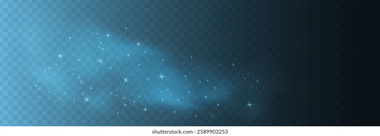 Fantastic blue smoke background. Blue fog with stars and small glowing particles. Vector