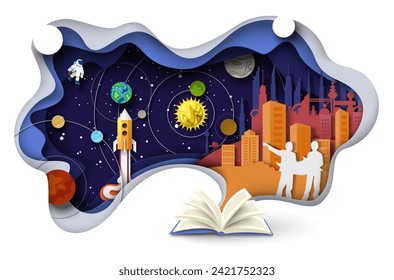 Fantastic book about scientific discoveries space exploration origami paper cut background. Starry sky, planet and constellations, futuristic city building vector illustration