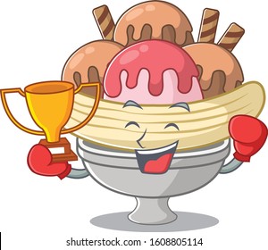 fantastic Boxing winner of banana split in mascot cartoon style