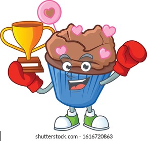 fantastic Boxing winner of chocolate love cupcake in mascot cartoon style