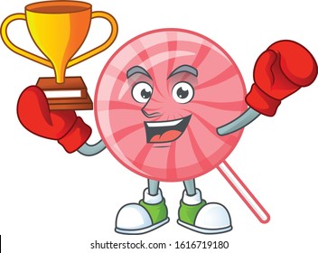 fantastic Boxing winner of pink round lollipop in mascot cartoon style
