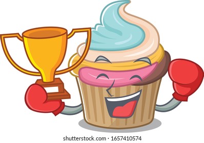 fantastic Boxing winner of rainbow cupcake in mascot cartoon design