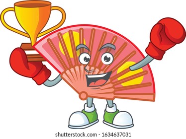 fantastic Boxing winner of red chinese folding fan in mascot cartoon style