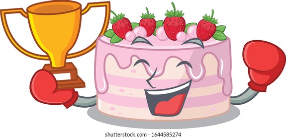 fantastic Boxing winner of strawberry cake in mascot cartoon design