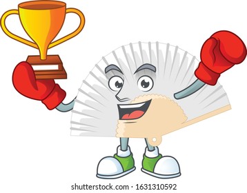 fantastic Boxing winner of white chinese folding fan in mascot cartoon style