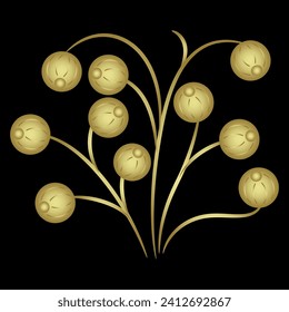 Fantastic branch with round fruits or berries. Folk style. Golden glossy silhouette on black background.