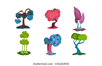 Fantastic Bright Multicolor Trees Vector Illustration Set