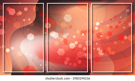 fantastic bright triptych. smooth stripes, translucent shapes of different sizes, glow against the background of an insane mixture of red, black, coral colors. three images in white frames. vector 