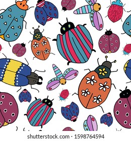 Fantastic bugs vector pattern on white background.Colorful cute bugs images for fabric, textile, paper