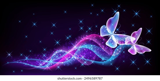 Fantastic butterflies and magical curving transparent waves with glowing stars on black violet background