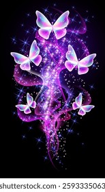 Fantastic butterflies and magical curving transparent waves with glowing stars on night dark background