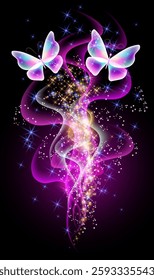 Fantastic butterflies and magical curving transparent waves with glowing stars on night dark background