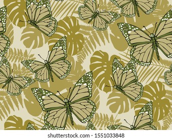 Fantastic butterflies. Seamless pattern. Vector illustration. Suitable for fabric, wrapping paper and the like