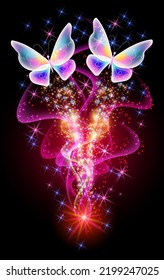 Fantastic butterfly and magical curving transparent waves with glowing stars on night dark background