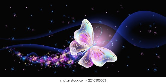 Fantastic butterfly and magical curving transparent waves with glowing stars on night dark background