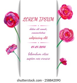 Fantastic card with watercolor flowers. Pink stained peonies for your design. vintage greeting card with flowers and place for text