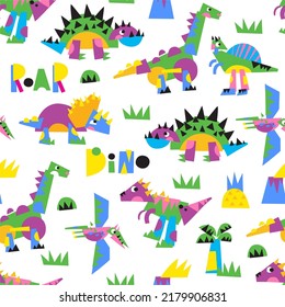 Fantastic cartoon Dino - vector print. dinosaur from abstract geometric shapes collage in modern style - seamless vector pattern svg