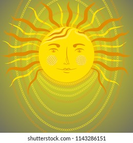 Fantastic cartoon sun with a woman's face and beads.