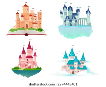 Fantastic castles, fairy tale palaces with towers with flags on books or sky clouds. Cute magic princess medieval buildings for girls nursery decor. Vector cartoon flat isolated set