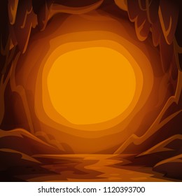 Fantastic Cavern Background. Cartoon Cave With Stalactites And Spotlight Copy Space For Text. Vector Illustration