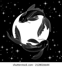 Fantastic celestial fish swimming in space. Vector esoteric illustration.