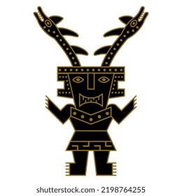 Fantastic character. Ethnic tribal horned man with snake antlers. Native American art of ancient Peru. Chancay Sican culture. Pre Columbian Peruvian pottery design. Monochrome silhouette.